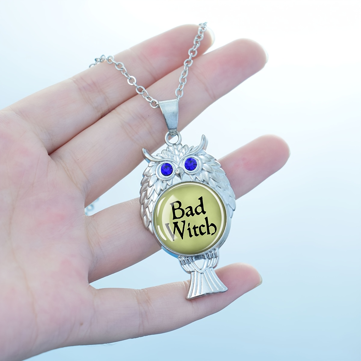 Owl Pendant Necklace with Bad Witch Text Design, Halloween Gift